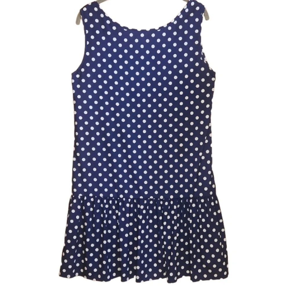 CREMIEUX BRISTOL NAVY WHITE SLEEVELESS POLKA DOT RUFFLE BOTTOM DRESS SZ 8 - Picture 4 of 6